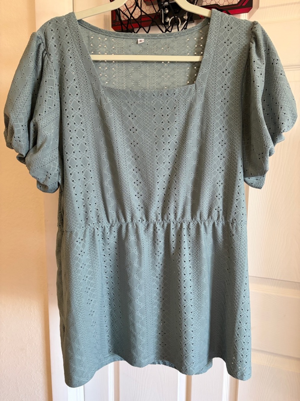 Eyelet Square Neck Puff Sleeve Top - Dusty Sage Green